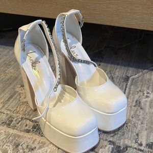 Lulu's White Patent Platform Mary Jane Heels with Rhinestone Strap